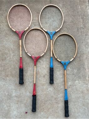 Vintage Wooden Badminton Tennis Rackets Set - Red & Blue